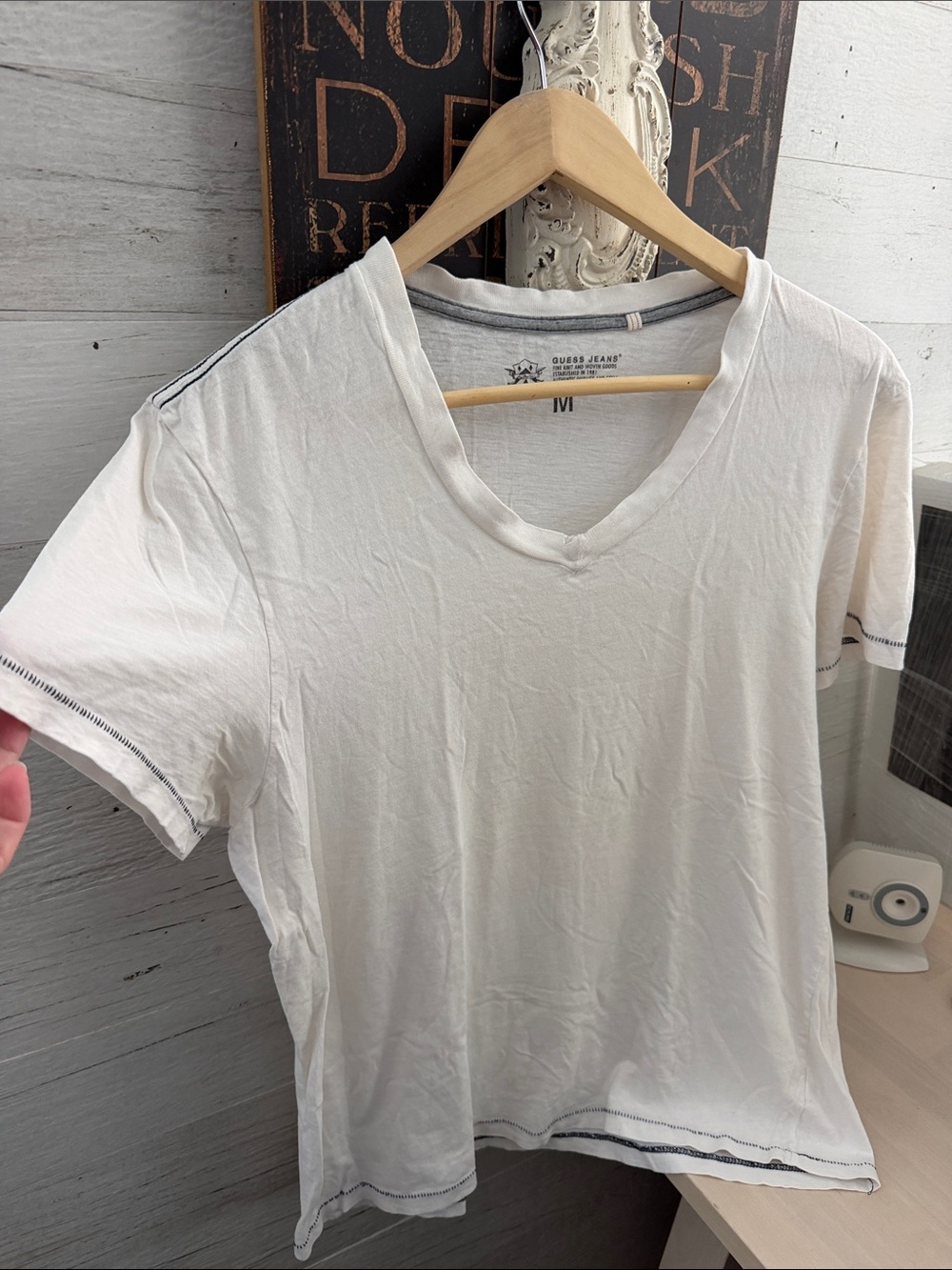 Guess Vintage White Cotton V-Neck Short Sleeve Tee with Contrast Stitching